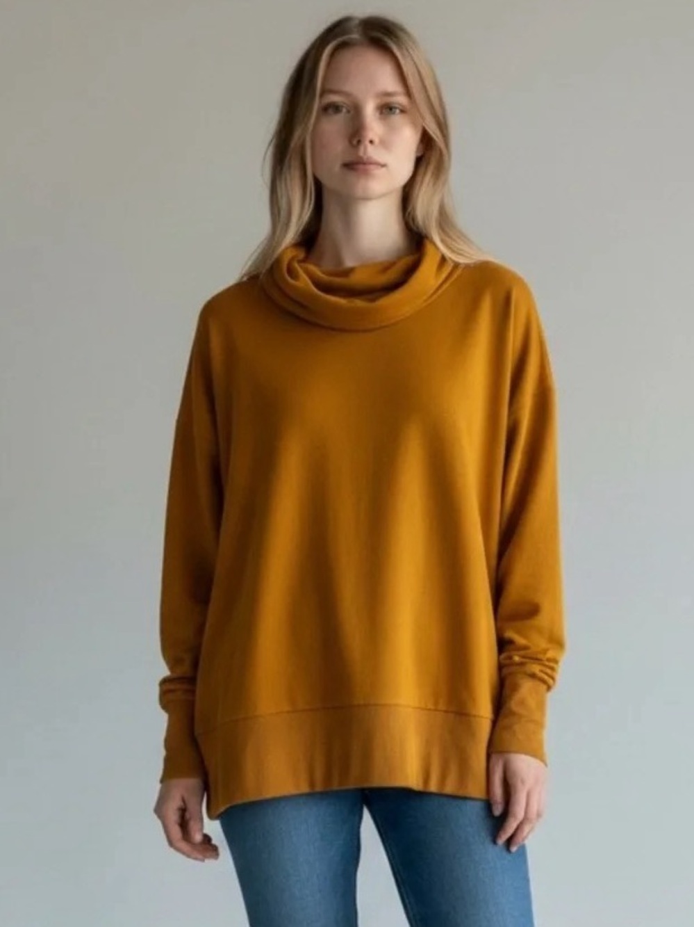 Garnet Hill Mustard Cowl-Neck Luxe Lyocell Jersey Pullover, size M